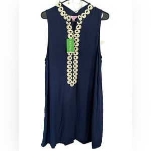 Lilly Pulitzer NWT Jane Shift Dress, True Navy Gold Trim Zipper Sleeveless SZ 16